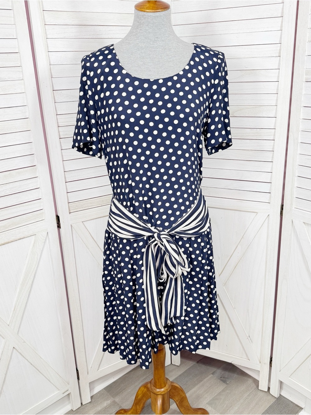 Vintage Donna Ricco Polka Dot Drop Stripe Sash Pleated Shift Dress‎ Blue White 8